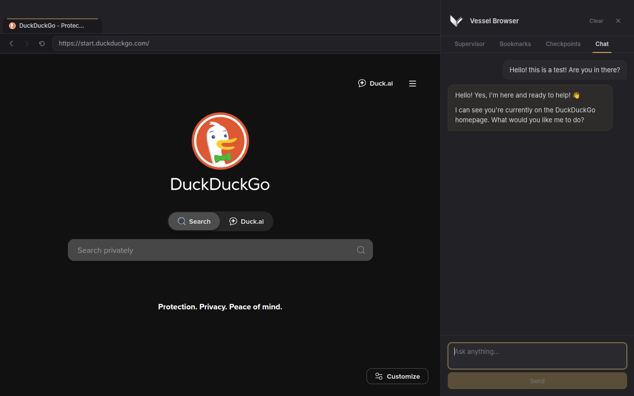 Vessel Browser with integrated chat assistant showing a conversation while browsing DuckDuckGo